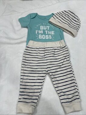 Aqua "But I'm The Boss" Baby One-Piece Set with Striped Pants & Hat
